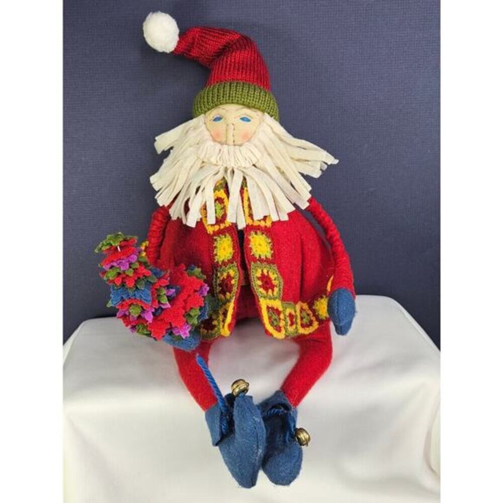 Santa Claus Figurine Felted Wool Christmas Decor Granny Square Coat Fabric Plush